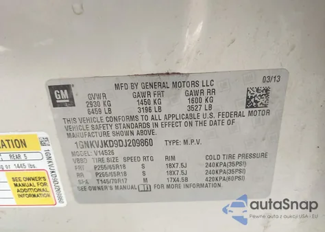 2013 Chevrolet Traverse 2Lt из США, поврежденный, VIN 1GNKVJKD9DJ209860